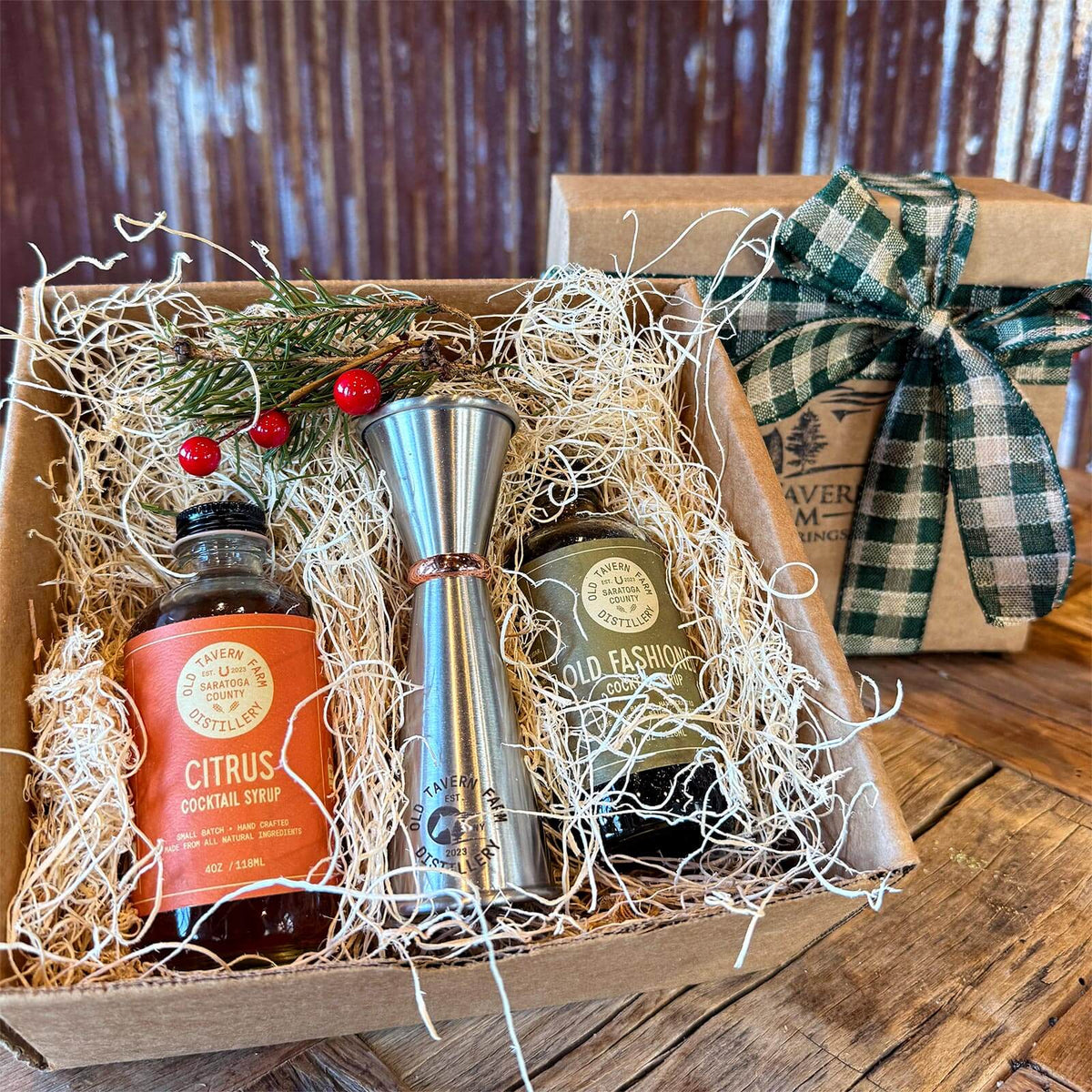 Old Tavern Farm Distillery small batch cocktail syrup and jigger gift box