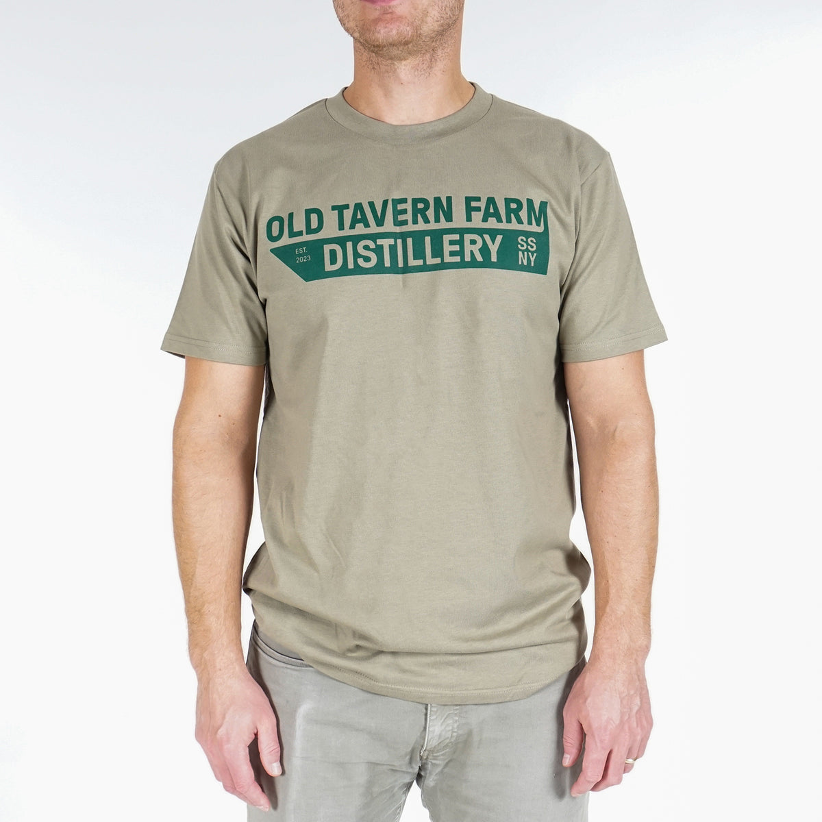 Classic cotton t-shirt with screen printed Old Tavern Farm Distillery graphic.