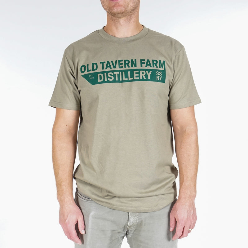 Classic cotton t-shirt with screen printed Old Tavern Farm Distillery graphic.